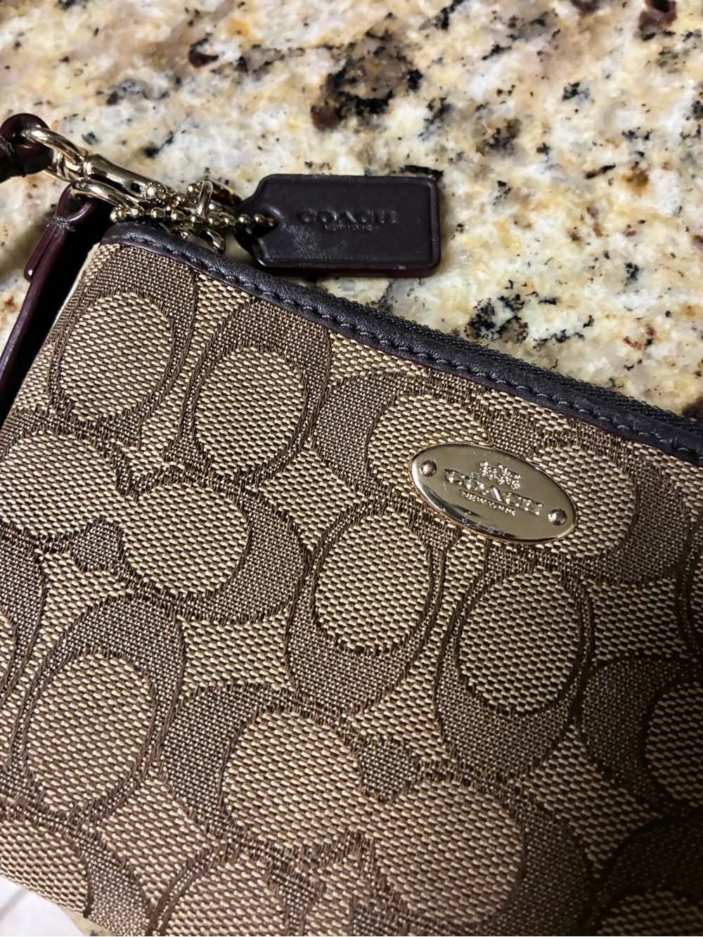 Coach Tan/Brown Signature Zip Wristlet with Logo Plaque